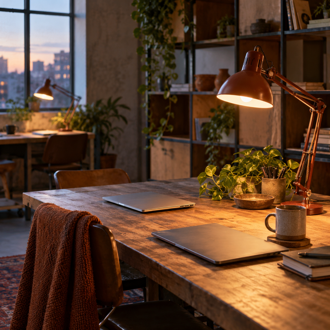 Illustrative scene of independent coworking space: task lights, closed laptops, modular shelves