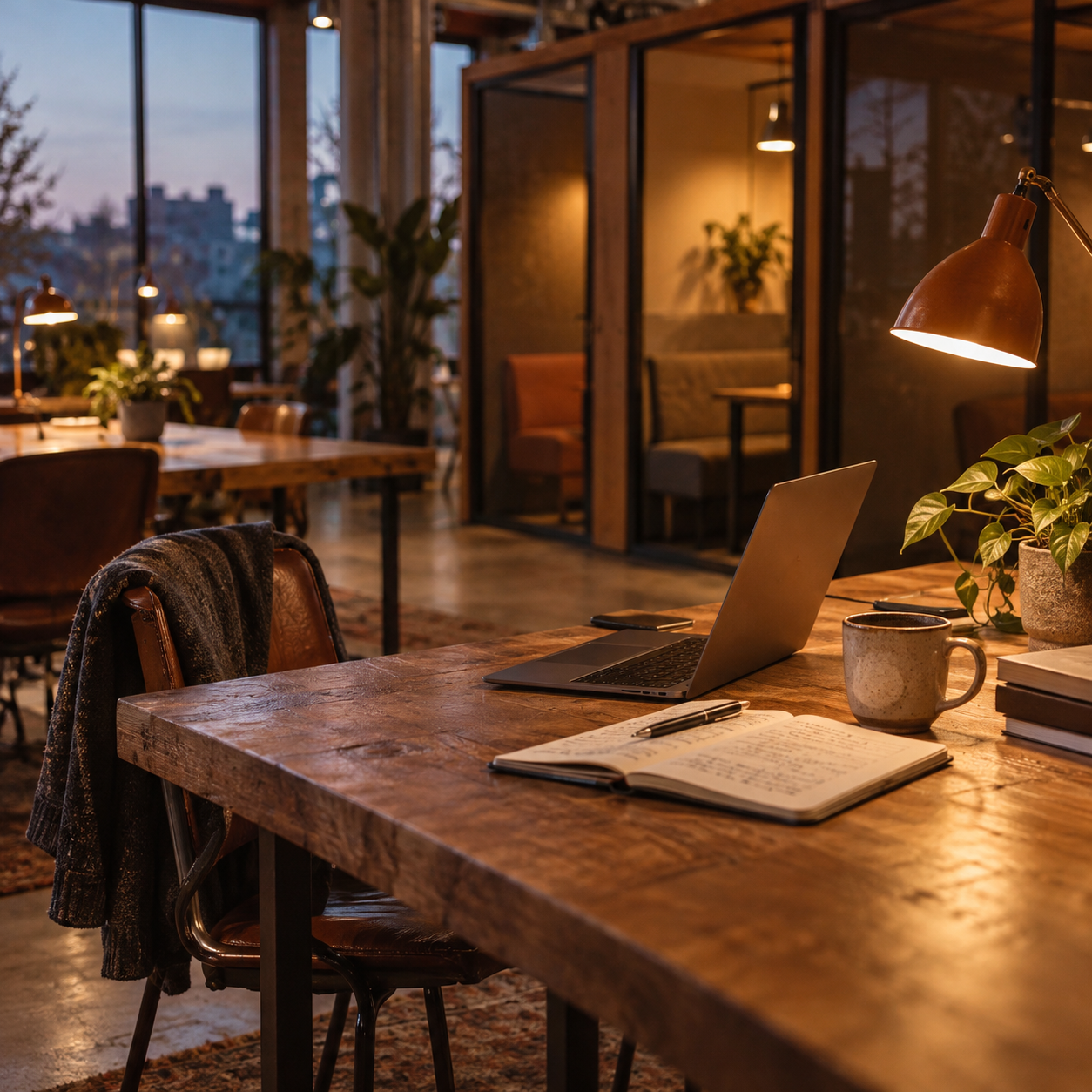 Illustrative scene of independent coworking space: shared timber desks, quiet meeting booths, task lights